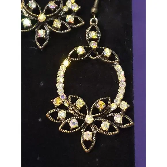 Ornate Bronze Tone Metal And Aurora Borealis Rhinestone Crystal Dangle Earrings - Picture 2 of 9